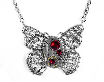 Steampunk Jewelry Necklace Vintage Watch Victorian Silver Filigree BUTTERFLY RED Crystals Mothers Day Gift - Jewelry by Steampunk Boutique