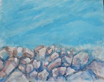Watercolor painting of a Rocky Shore and the Sea