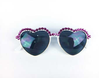 Magenta Swarovski Crystals on White Heart Sunglasses
