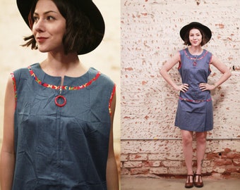 Vintage 1960s 70s large xl volup MOD denim romper w/ floral detail / sunsuit playsuit / scooter dress / housedress / sleeveless