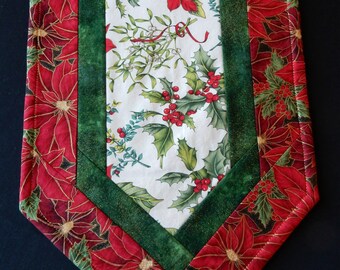 Friendly red poinsettias and holly Christmas table runner - reversible for the rest of the year