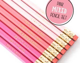 Engraved Pencils | Pink and Gold | Personalized Pink Pencil Set | Gold Foil Engraved | 3 Different Sayings | Back to School