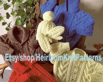Baby Child Aran Jackets Cap Mittens Knitting Pattern PDF 4 Jacket Versions Boy Girl Aran Worsted 18-28'' 9M-9yrs Instant Download PDF - 289