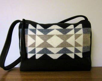 Shoulder Bag Purse Soft Black Leather Diamond Ridge Blanket Wool from Pendleton Oregon