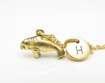 Manatee Necklace, Manatee Sea Cow Charm, Initial Necklace, Personalized Stamped Initial Letter, Animal Charms, Gold Manatee, Monogram Z162