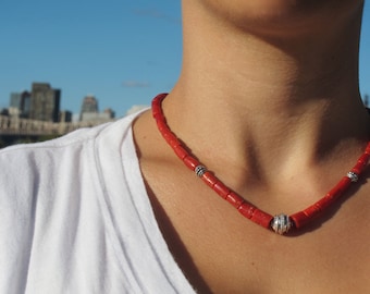 Coral and Sterling Silver Bali Bead Necklace