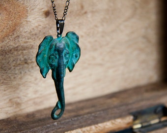 Verdigris Elephant Necklace Patina Elephant Good Luck Charm Patina Jewelry Animal Pendant - N282
