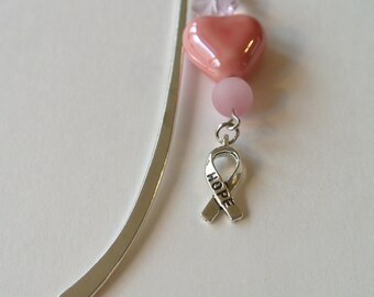 Small Silver Bookmark with Pink Beads and Hope Ribbon Charm