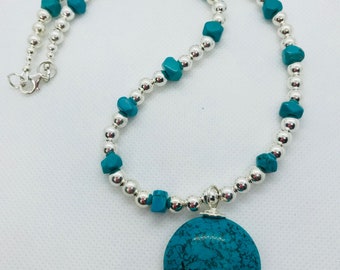 Sterling silver bead and Turquoise necklace 18 inches long
