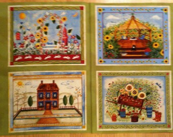 A Beautiful Gazebo At The Country Garden Blocks Fabric Panel Free US Shipping