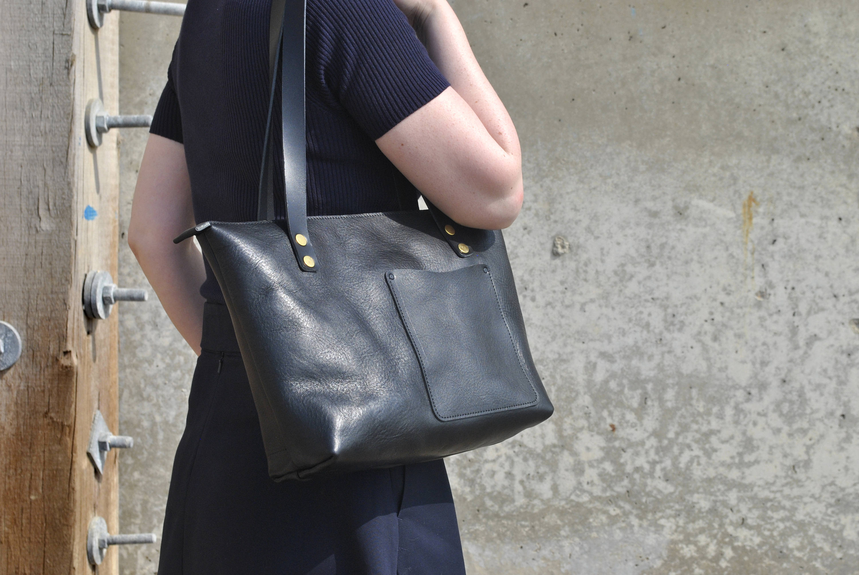 Small leather tote bag YKK zipper tote Black leather