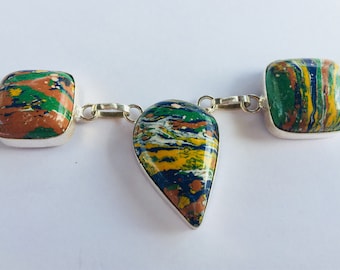 Rainbow Calsilica Necklace set in Heavy Silver Plate