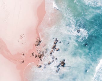 Aerial beach photography, beach print, ocean print, large beach wall art, sea fine art print, seascape, pink, blue wall decor, home decor