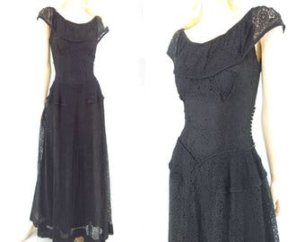 Vintage 40s Dress 1940s Dress 40s Lace Dress 40s Black Dress 40s Evening Gown Lace Maxi Dress 40s Evening Dress xs