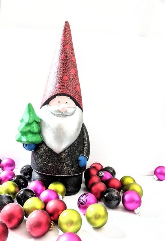 Gnome hand painted ceramic gnome figurine with green tree black glittery Christmas gnome holiday large ceramic gnome
