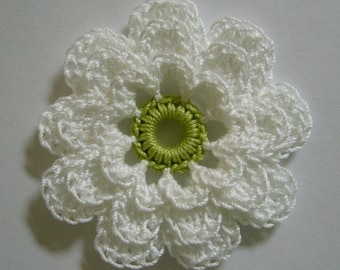 Crocheted Flower - White and Lime Green - Cotton Flower - Crocheted Flower Applique - Crocheted Flower Embellishment