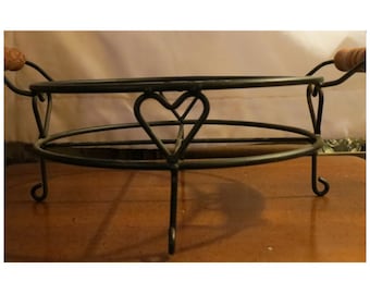 Wrought Iron Wire Basket or Rack HEART DESIGN & Wooden Handles