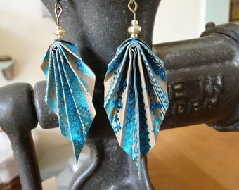 Origami earrings turquoise lace printed kraft paper