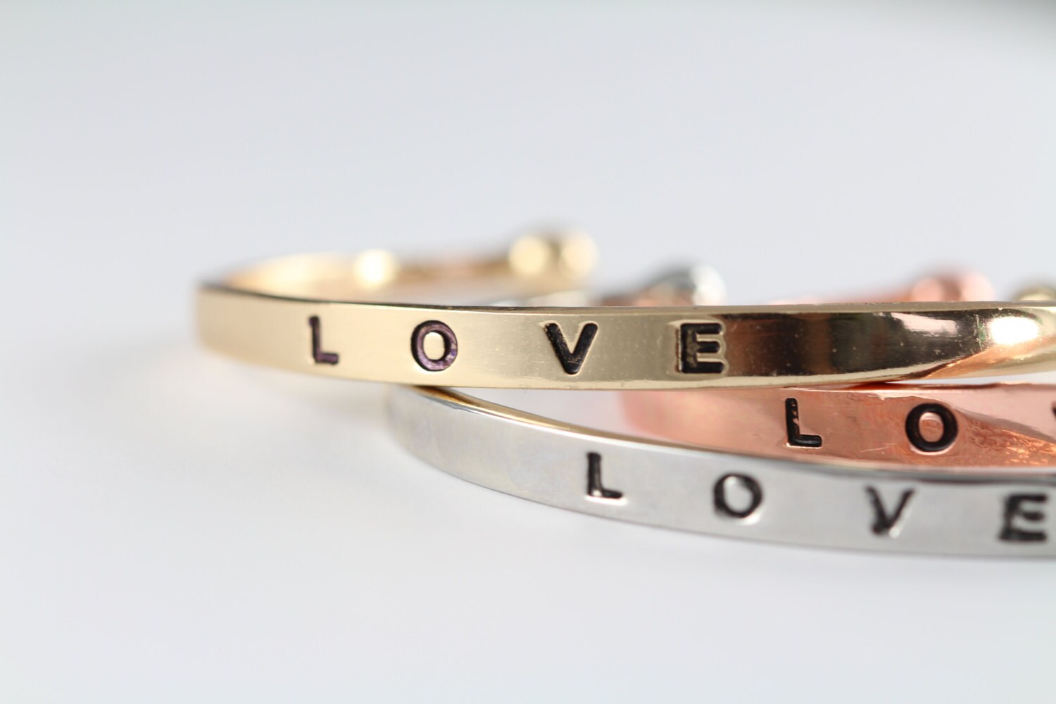 Cuff Bracelet Silver Gold Rose Gold Hand Stamped Love
