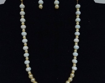White Crystal and Gold Pearl necklace & earring set with gold accent