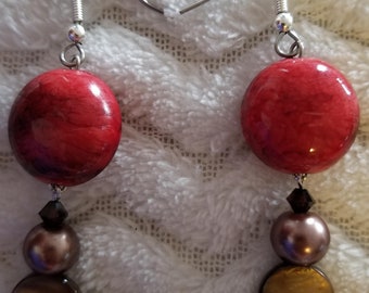 Red earrings with Tiger Eye beads