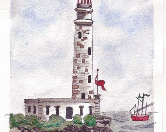 Original Pen and Ink with Watercolor Painting - Charming Old Lighthouse Sitting On Top Of A Rocky Shore