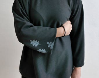 Grey/blue cotton sweatshirt-handmade stamp prints-oak leaf