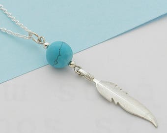 Silver feather necklace and turquoise ball