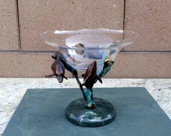 Vintage SPI Bronze Dolphin Figure Sculpture Green Patina Holds Glass Bowl, Fish Fruit Bronze Dolphin Sculpture Bowl. Dolphin Bronze Art