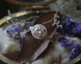 Antique Moissanite Engagement Ring, Round Moissanite Engagement Ring, Diamond Alternative Engagement Ring, Diamond Halo Ring, Edwardian Ring