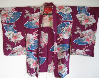 Antique silk haori with fans and flowers - For kitsuke or home decor- Made in Japan