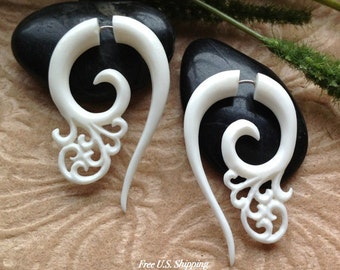 Fake Gauge Earrings, "Cecilia" Natural, Bone, Hand Carved, Tribal