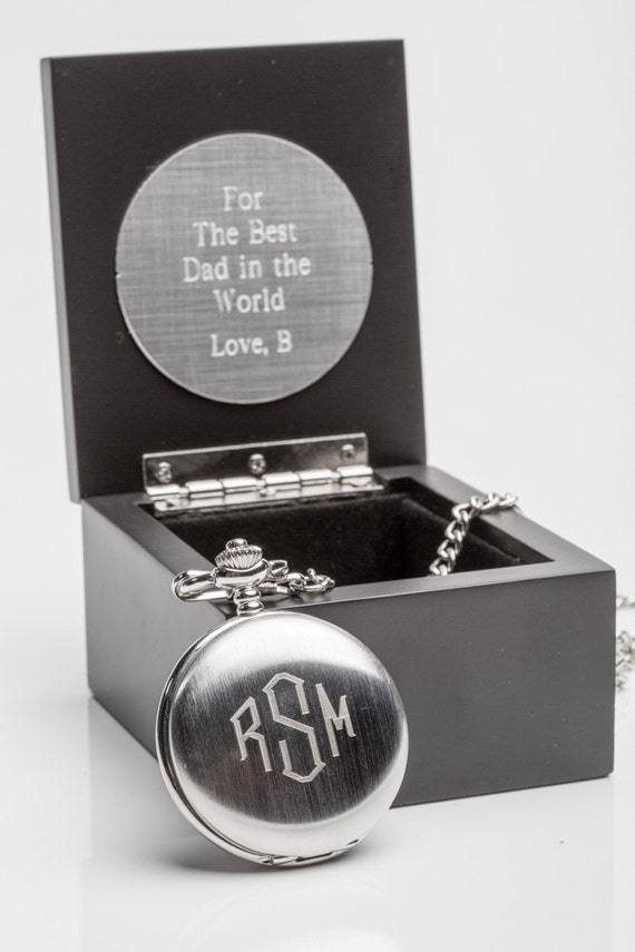 Boxed Mens Pocket Watch Engraved with Wood Personalized Box