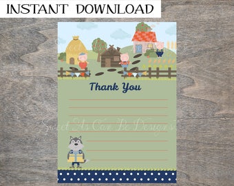 Three Little Pigs Thank you card | Birthday Farm Storybook 3 Huff and Puff Big Bad Wolf Printable Lined Note