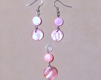 Pink Shell Jewelry Set, Salmon Pink Shell Disc Double Dangle Earrings w/Pendant, Pink Mother of Pearl Silver Pendant Set Handmade Jewelry