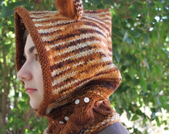 KNITTING PATTERN, Owl Hood, With Ears, One Size Fits All, Knit, Hoodie, Aminal, Owl, Cabled
