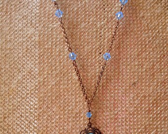 Light Blue Flower Cameo and Swarovski Crystals on Copper