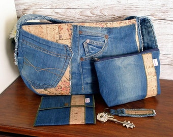 Jeans shoulder bag, Shoulder bag set, Upcycled jeans shoulder bag, Repurposed jeans, Denim bag, Handmade bags, Denim bag set, Pouches set