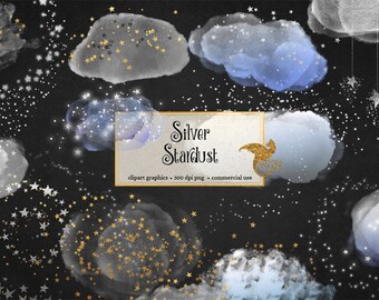 Silver Stardust Clipart, silver star png overlays, watercolor starry night sky clip art digital embellishments, watercolour instant download