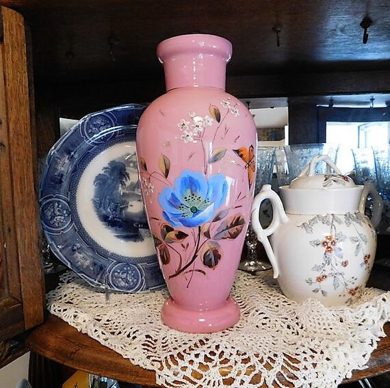 LARGE Pink Bristol Glass Vase / 1800s Victorian Vase / Hand Painted Enamel Flower Butterfly / Art Nouveau