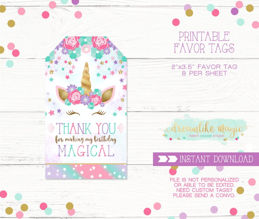 unicorn thank you tag unicorn party favor tag unicorn favor