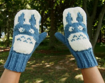 My Neighbor Totoro Inspired Knit Mittens Blue and White Knitted Mittens - My Neighbor Totoro Mittens - Blue and White Winter Mittens