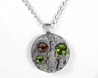 Steampunk Jewelry Necklace Vintage Watch Movement Olive Topaz Crystals Wedding Anniversary Valentine's Day - Jewelry by Steampunk Boutique