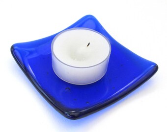 Blue tea light candle holder, shallow glass dish, loose change tray, soap dish, jewellery keeper, stocking filler for her, made in UK