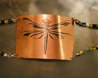 Dragonfly on Copper with square glass beads