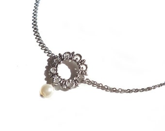 Pearl Necklace. White Pearl Necklace. Silver Lace Necklace. Circle Necklace. Charm Necklace. Bridal Pearl Necklace. Bridal, Bridesmaids Gift