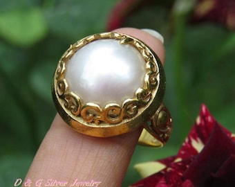18kt Gold on 925 Silver Mabe Pearl Ring Size 9.5 GPR-163-DG
