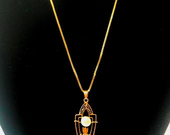 Art Nouveau Art Deco 14k Gold Lavaliere Diamond and Pearl Filigree Pendant