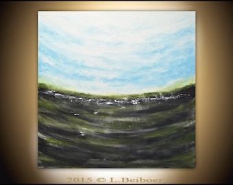 Large original landscape acrylic painting 36 x 36 blue green square abstract art seascape painting modern art by L.Beiboer