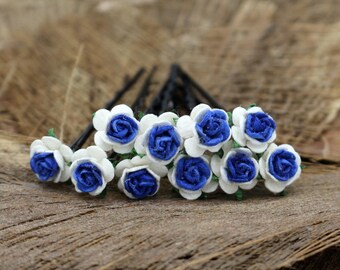 Set of 10 Blue White Mulberry Paper Flower Hair Pins , Bridal Hair Pins, Hair Bobby Pins,U pins,Prom,Bridal Hair Accessories (FL375)